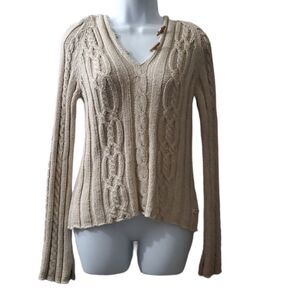 American Eagle Womens Vntg Cable Knit Toggle Button Hooded bell sleeve Sweater
